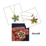 Pink Fuchsia Gemstone Flower Pendant Necklace in Gold-Plated Brass Jewelry 5390 Emerald