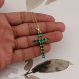 Emerald Gemstone Cross Pendant Necklace Gold Plated Necklace For Her