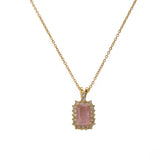 18k Gold Plated Rectangle Pink Crystal Gemstone Charm Necklace, Prong Set Dainty Necklace