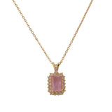 18k Gold Plated Rectangle Pink Crystal Gemstone Charm Necklace, Prong Set Dainty Necklace