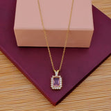 18k Gold Plated Rectangle Pink Crystal Gemstone Charm Necklace, Prong Set Dainty Necklace