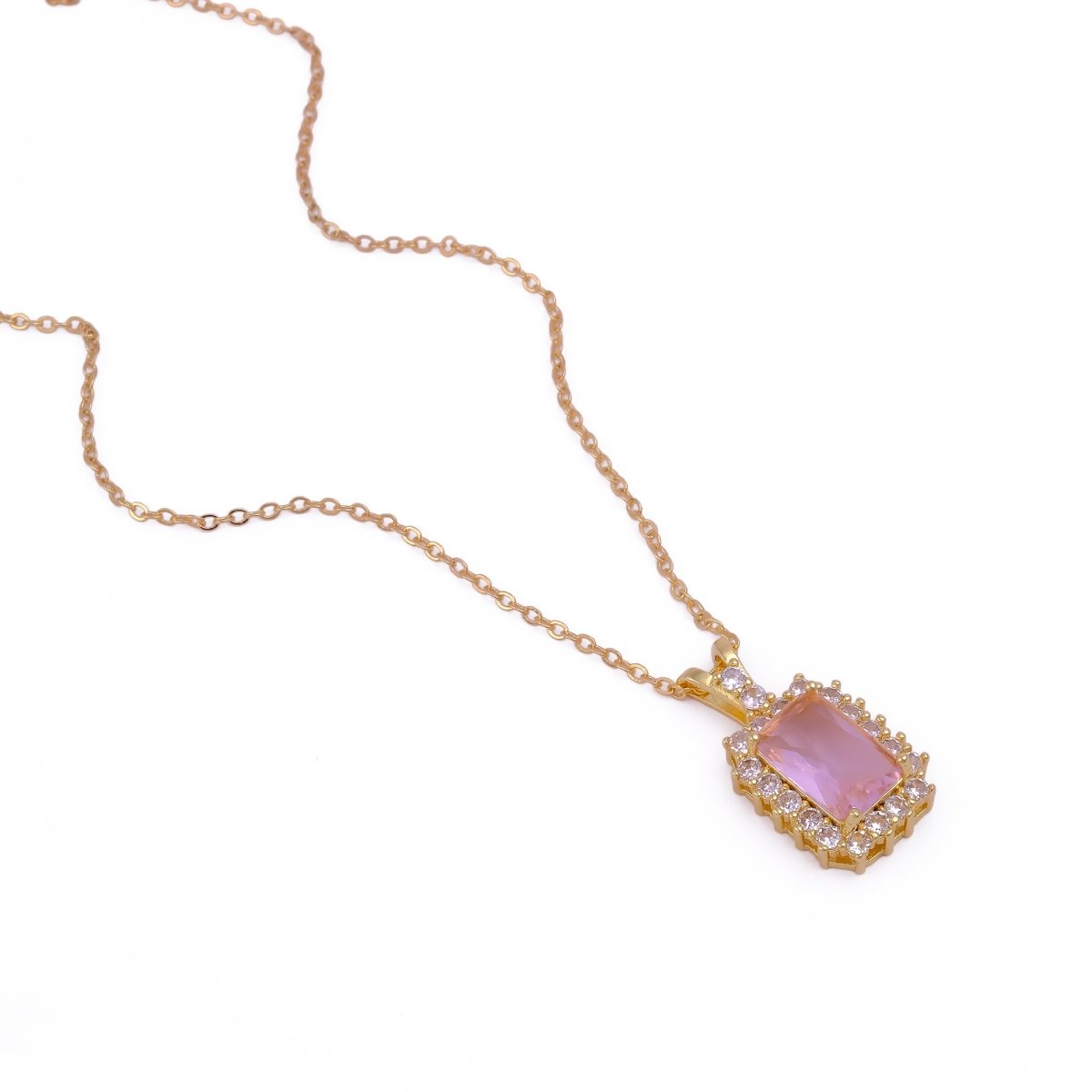 18k Gold Plated Rectangle Pink Crystal Gemstone Charm Necklace, Prong Set Dainty Necklace