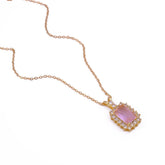 18k Gold Plated Rectangle Pink Crystal Gemstone Charm Necklace, Prong Set Dainty Necklace