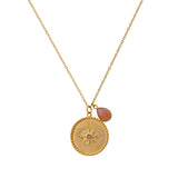 Gold Plated Starburst Medallion Necklace with Peach Moonstone Teardrop Charm 5318