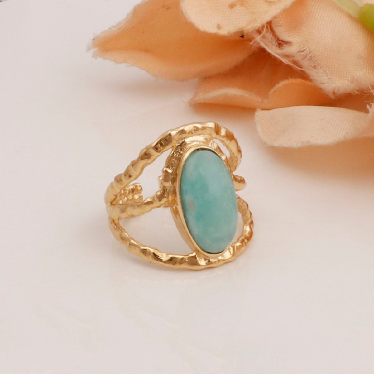 Amazonite Gemstone Ring Textured Gold Plated Ring Handmade Ring For Women
