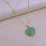Amazonite Heart Carved Pendant Necklace, Gold Plated Hand Carved Jewelry 5286
