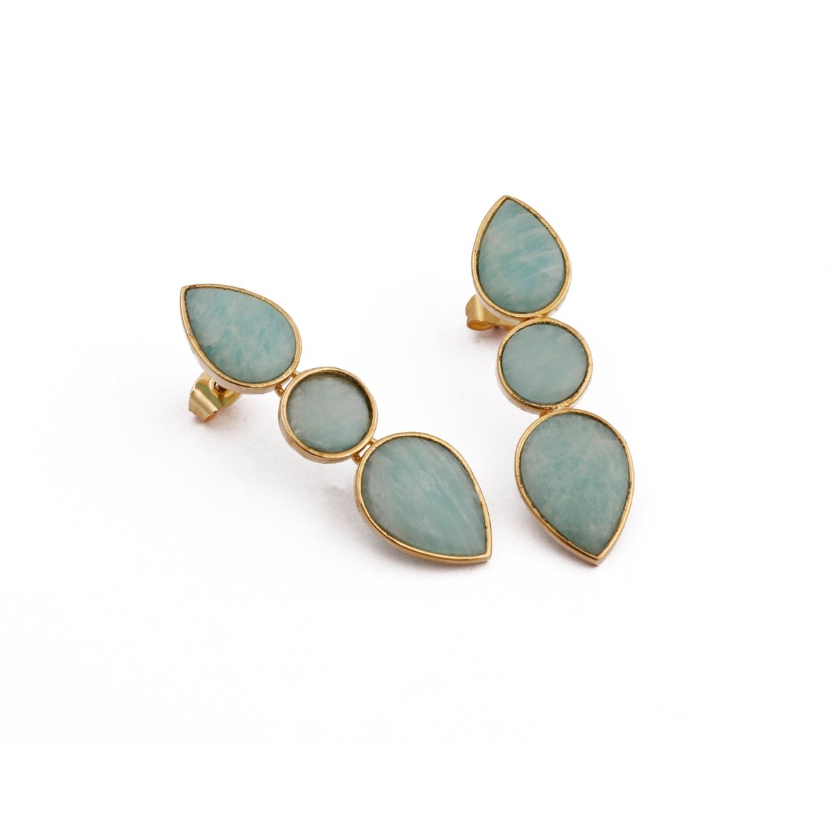 Amazonite Stud Earrings Gemstone Jewelry Gold Plated Push Back Three Stone Handmade Earring