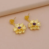 Amethyst Flower Dangle Earrings, Faceted Gemstone Daisy Stud Jewelry, Handmade Jewelery. S