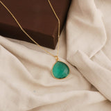 Apatite Teardrop Gemstone Pendant Necklace, Gold Plated Chain Necklace, Heart Bezel Necklace T