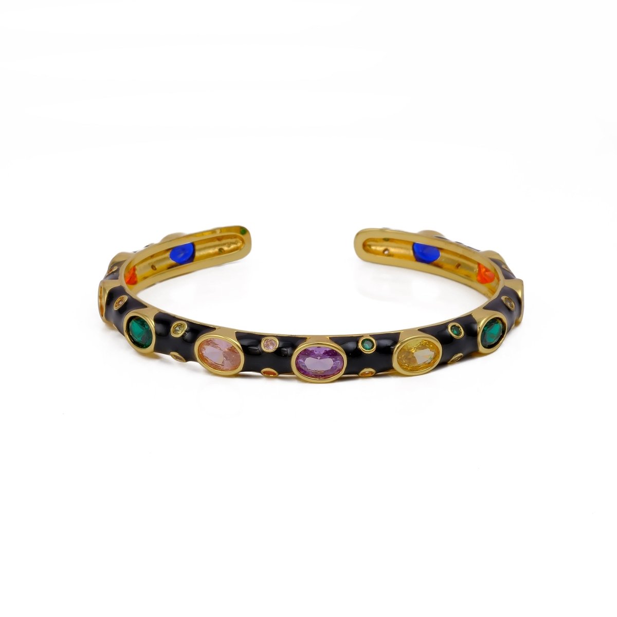 Black Enameled With Multi CZ Gemstone Bangle Adjustable Gold Plated Jewelry