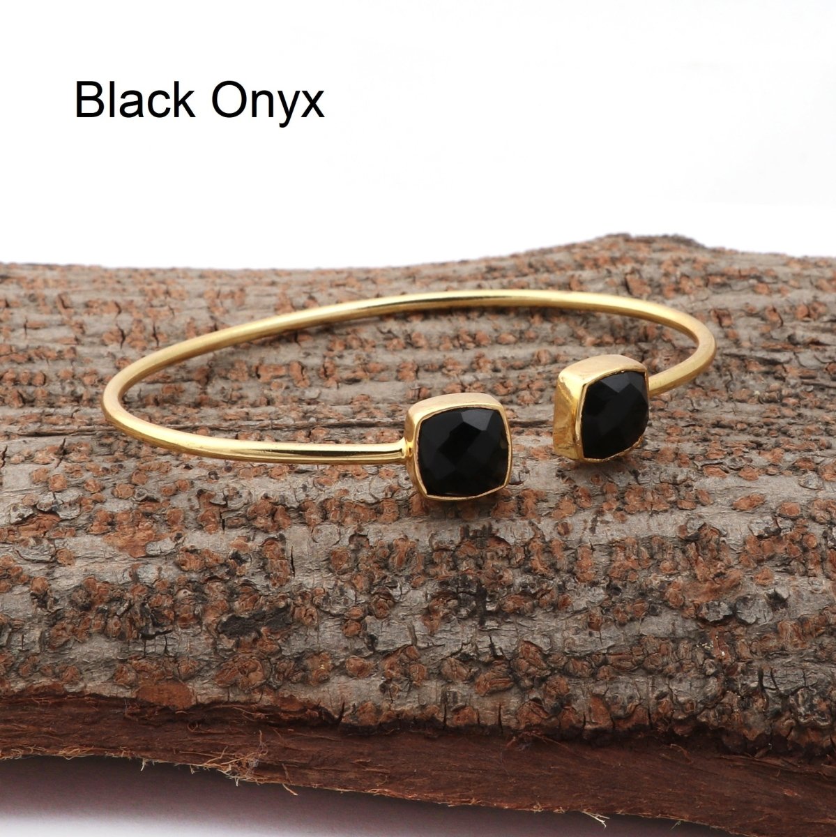 Black Onyx Bangle Double Stone Openable Cuff Style Gemstone Gold Plated Bangle Black Onyx