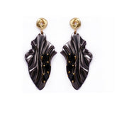 Black Onyx Statement Leaf Earrings with Gold Accents, Lightweight Dangle Earrings, Artistic Handmade Stud Push Back Jewelry. S