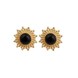 Black Onyx Stud Earrings Flower Design Round Gold Plated Push Back Stud Earring Jewelry