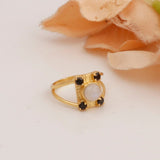 Black Spinel & Rainbow Moonstone Ring Gold Plated Geometric Ring