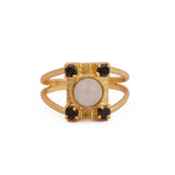 Black Spinel & Rainbow Moonstone Ring Gold Plated Geometric Ring