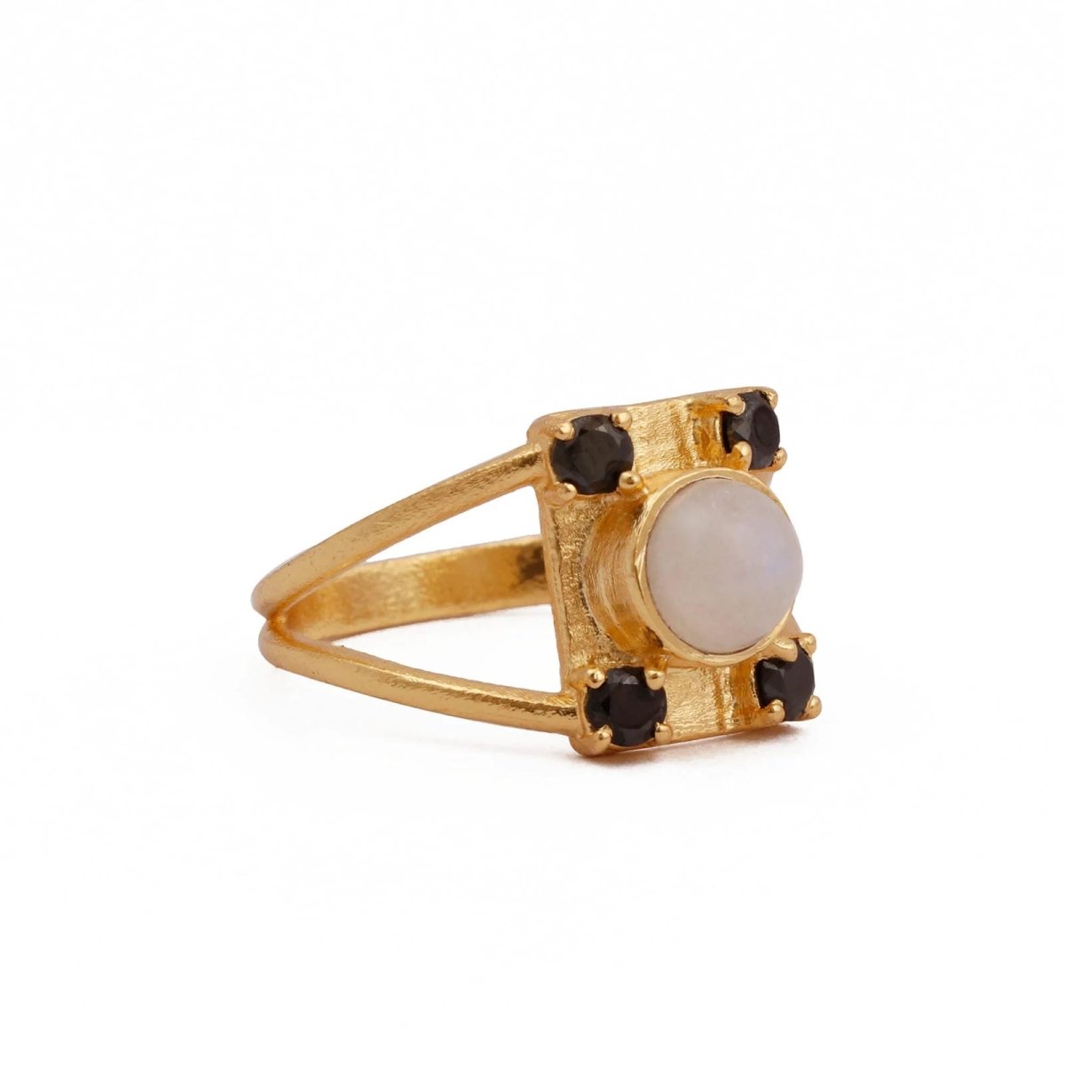 Black Spinel & Rainbow Moonstone Ring Gold Plated Geometric Ring