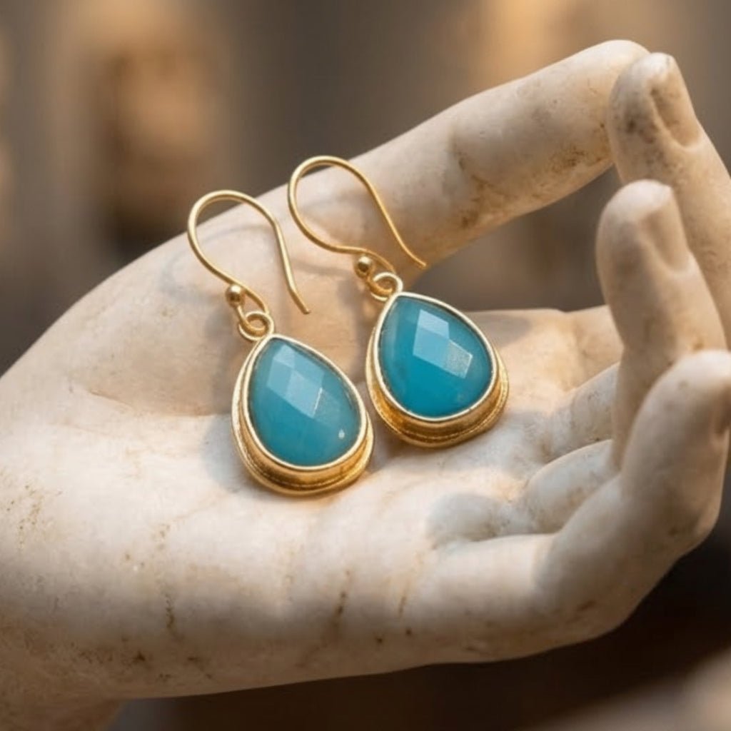 Blue Chalcedony Dangle Drop Hook Earrings, Minimalist Birthstone Jewelry CE - 1035