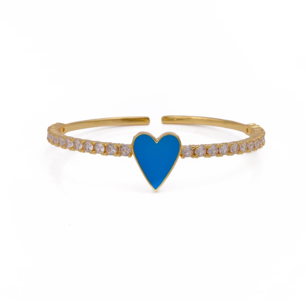 Blue Enamel Heart With CZ Gemstone Bangle Adjustable Gold Plated Jewelry