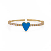 Blue Enamel Heart With CZ Gemstone Bangle Adjustable Gold Plated Jewelry
