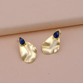 Blue Sapphire Hydro Quartz Stone Earrings, Gold Plated Hammered Design Stud Earring