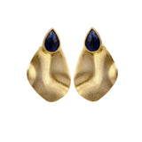 Blue Sapphire Hydro Quartz Stone Earrings, Gold Plated Hammered Design Stud Earring