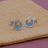 Blue Turquoise Gemstone Stud Earrings Tiny Moon with Flower Earrings Silver Plated Jewelry
