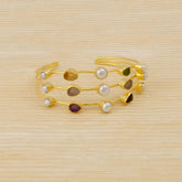 Boho Raw Gemstone Open Cuff, Triple Strand Gold Plated Brass Bangle 3501
