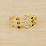 Boho Raw Gemstone Open Cuff, Triple Strand Gold Plated Brass Bangle 3501