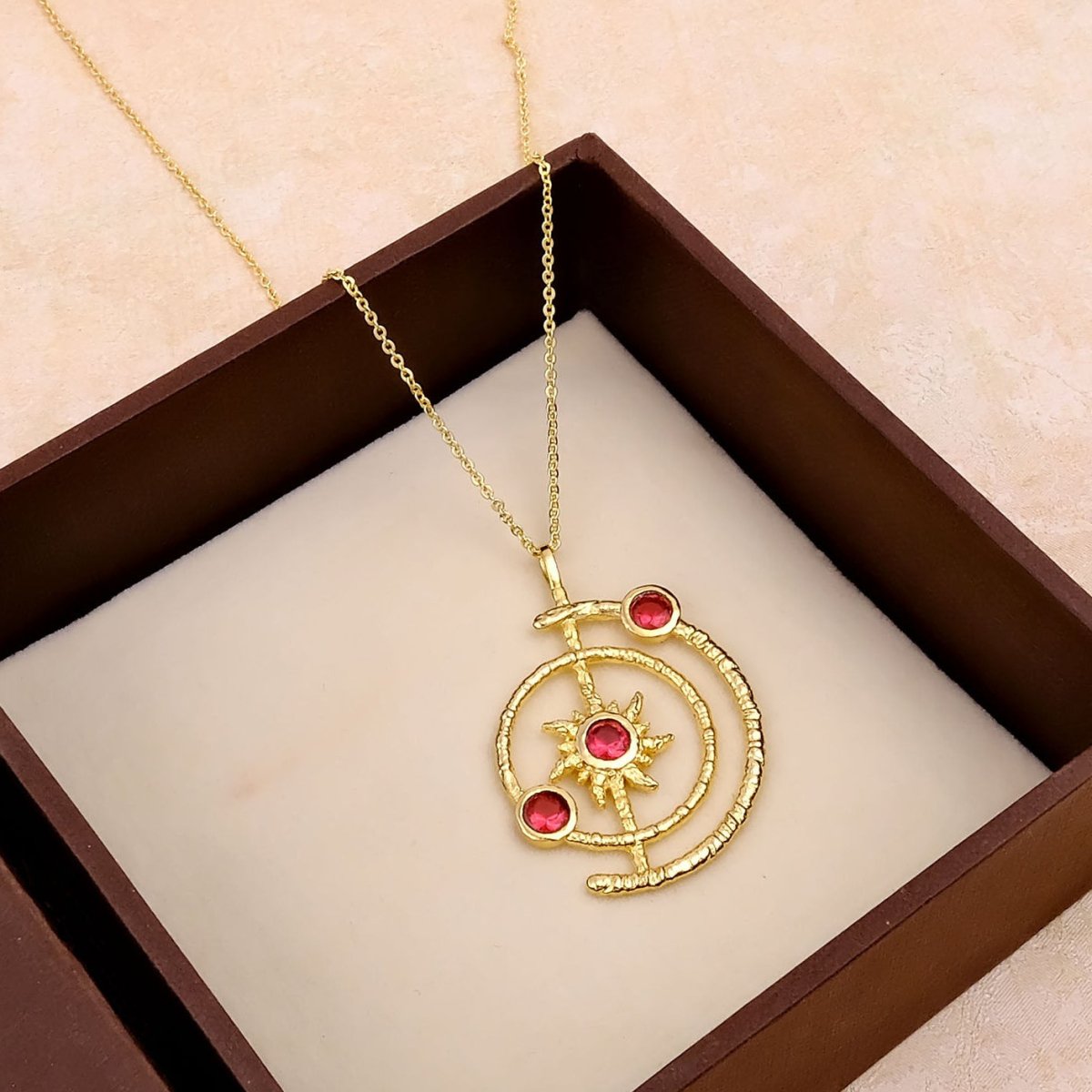 Celestial Sunburst Pendant Necklace with Faceted pink fuchsia in Gold Plated 5403