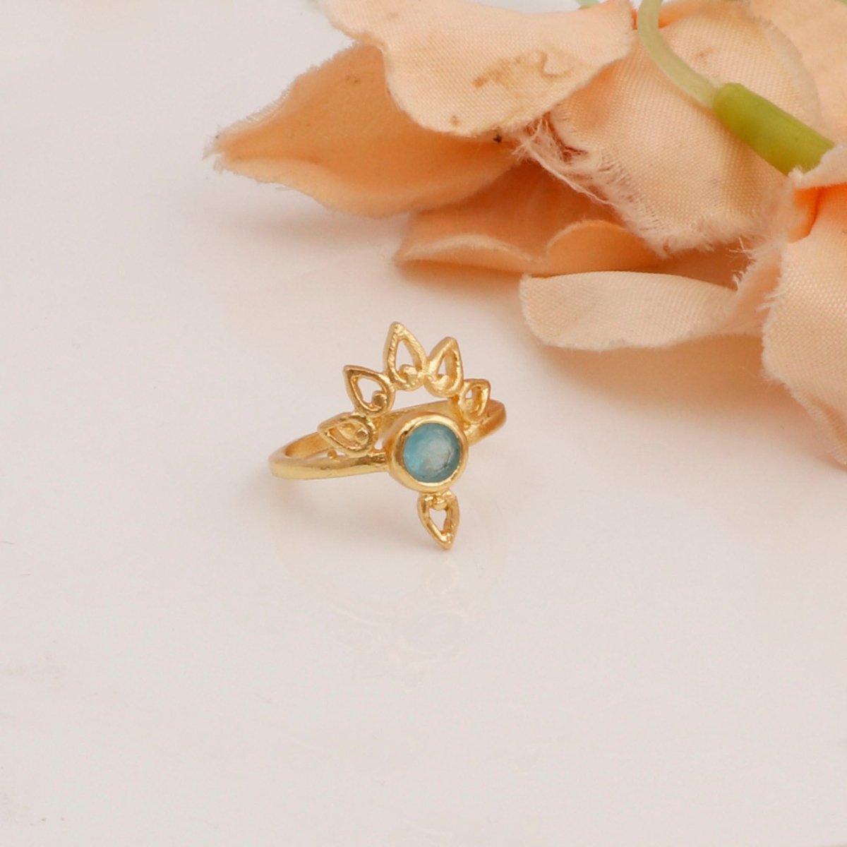 Chalcedony Crown Ring, Handmade Gold-Plated Boho Lotus Design Statement Ring