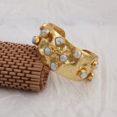 Chunky Hammered Gold Plated Pearl Bangles, Natural Gemstone Cuffs 5470