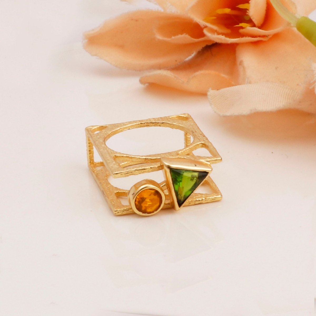Citrine, Peridot Bezel Gemstone Ring Geometric Gold Plated Ring Jewelry