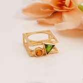 Citrine, Peridot Bezel Gemstone Ring Geometric Gold Plated Ring Jewelry