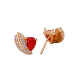 Cubic Zircon and Red Garnet Gemstone Stud Earrings Gold Plated Heart Shape Jewelry