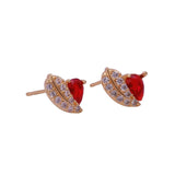 Cubic Zircon and Red Garnet Gemstone Stud Earrings Gold Plated Heart Shape Jewelry