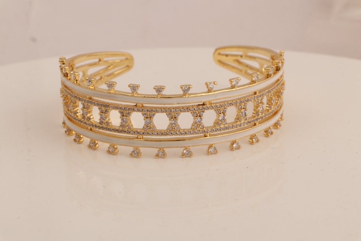 Cubic Zircon Gemstone Bangle White Enamel Bangle Handmade Adjustable Bangle Gold Plated Jewelry