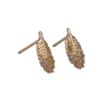 Cubic Zircon Gemstone Stud Earrings Tiny Feather Earrings Gold Plated Jewelry