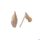 Cubic Zircon Gemstone Stud Earrings Tiny Feather Earrings Gold Plated Jewelry