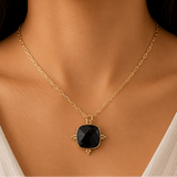 Cushion Cut Black Onyx Pendant Necklace, Gold Plated Link Chain 5414