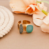 Druzy Sapphire Spinner Ring, Double Stone Wide Gold Plated Band Ring