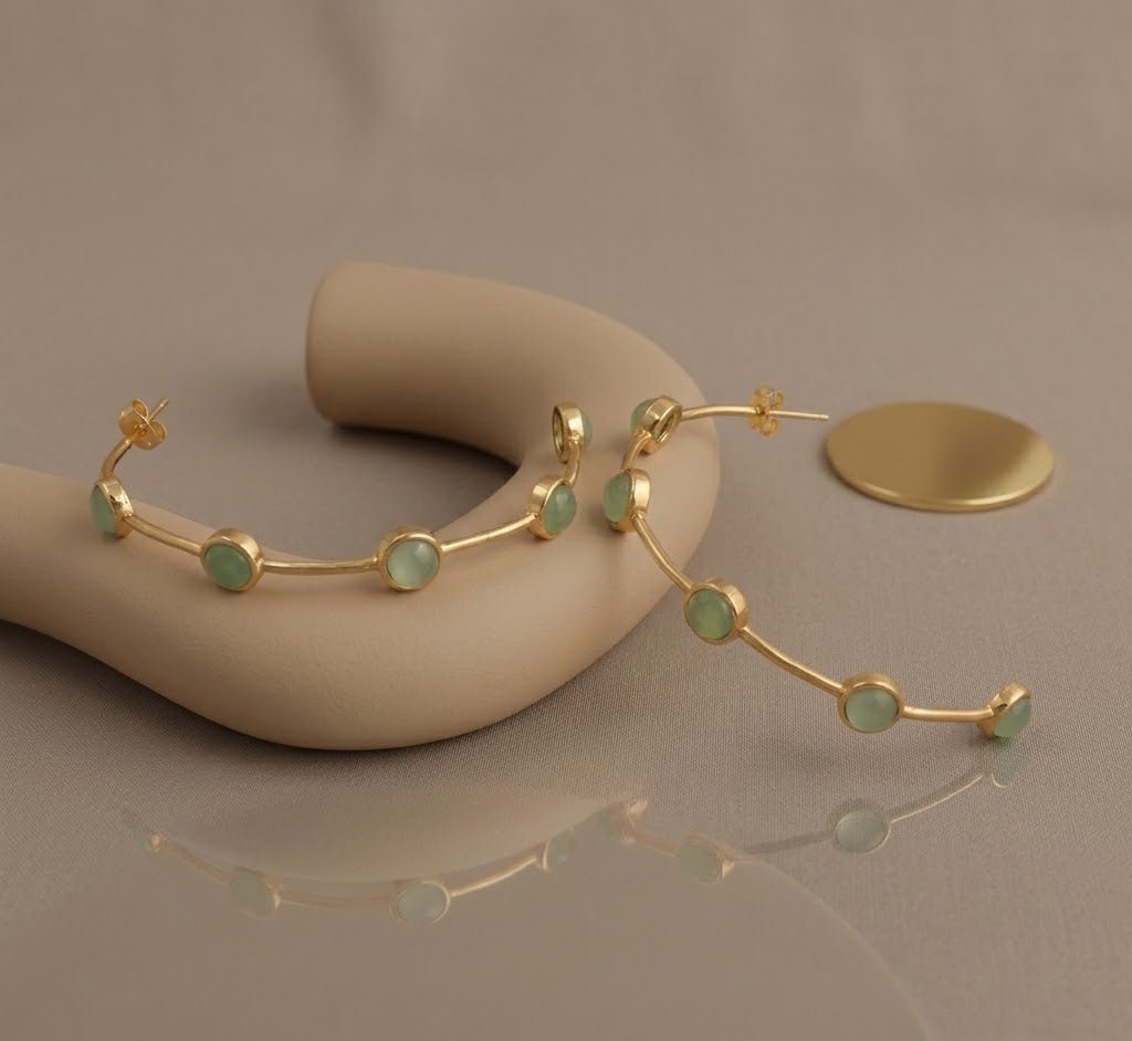 Elegant Cats Eye Open Hoop Earrings, Gold Plated Bezel Set Jewelry CE-1029 Aqua Cat's Eye