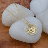 Elegant Gold Owl Pendant Necklace with Gemstone Accents – Unique Bird Jewelry, Circle Medallion, Dainty Statement Gift for Her.