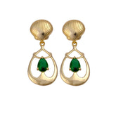Emerald Gemstone Earrings, Seashell Teardrop Handmade Gold Plated Stud Emerald