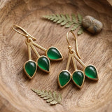 Emerald Gemstone Triple Teardrop Dangle Earrings, Gold Plated Jewelry CE - 1008