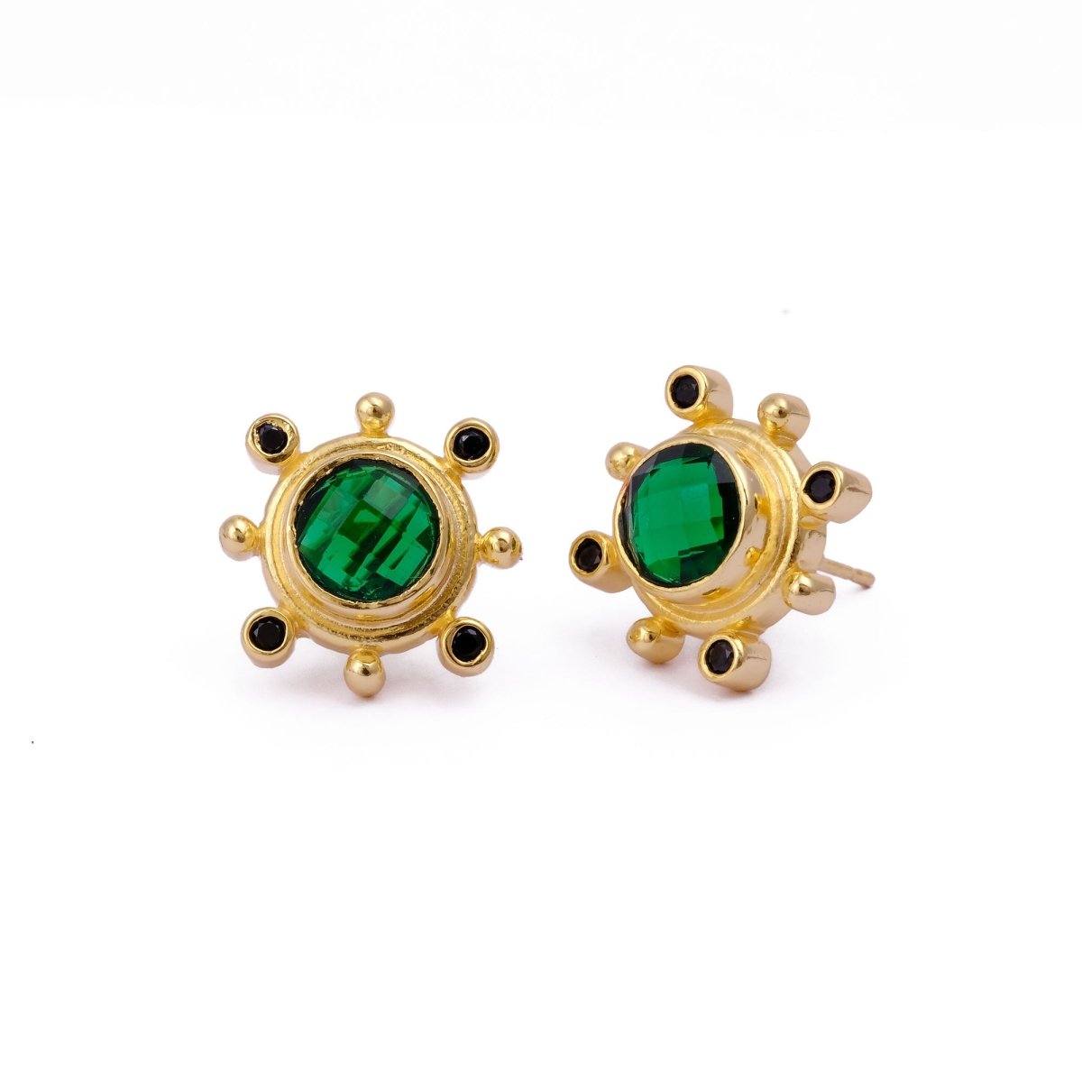 Emerald Quartz Gemstone Earring Studs, Push Back Studs, Gold Plated Round Faceted Studs Emerald Quartz