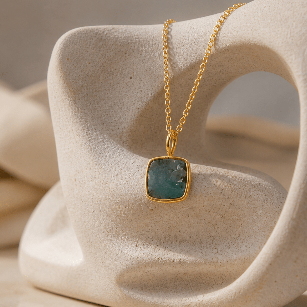 Emerald Raw Gemstone Pendants, Cushion Shape Gold Plated Charm Necklace CN - 1002