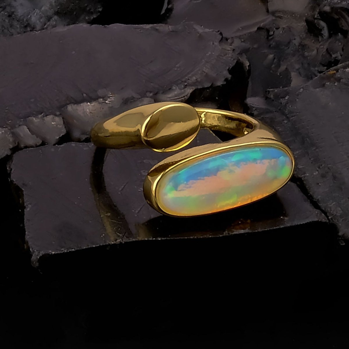 Ethiopian Opal Gemstone Open Ring, Gold Plated Adjustable Rings for Women CR - 1005