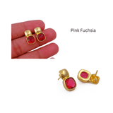 Faceted Blue Topaz Gold Plated Stud Earrings, Cushion Shape Gemstone Jewelry CE - 1033
