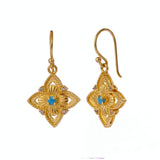 Faceted Blue Turquoise Round Shape Floral Drop Earrings, Gold Plated Hook Earrings 5383