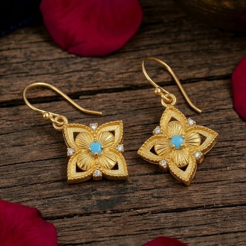 Faceted Blue Turquoise Round Shape Floral Drop Earrings, Gold Plated Hook Earrings 5383